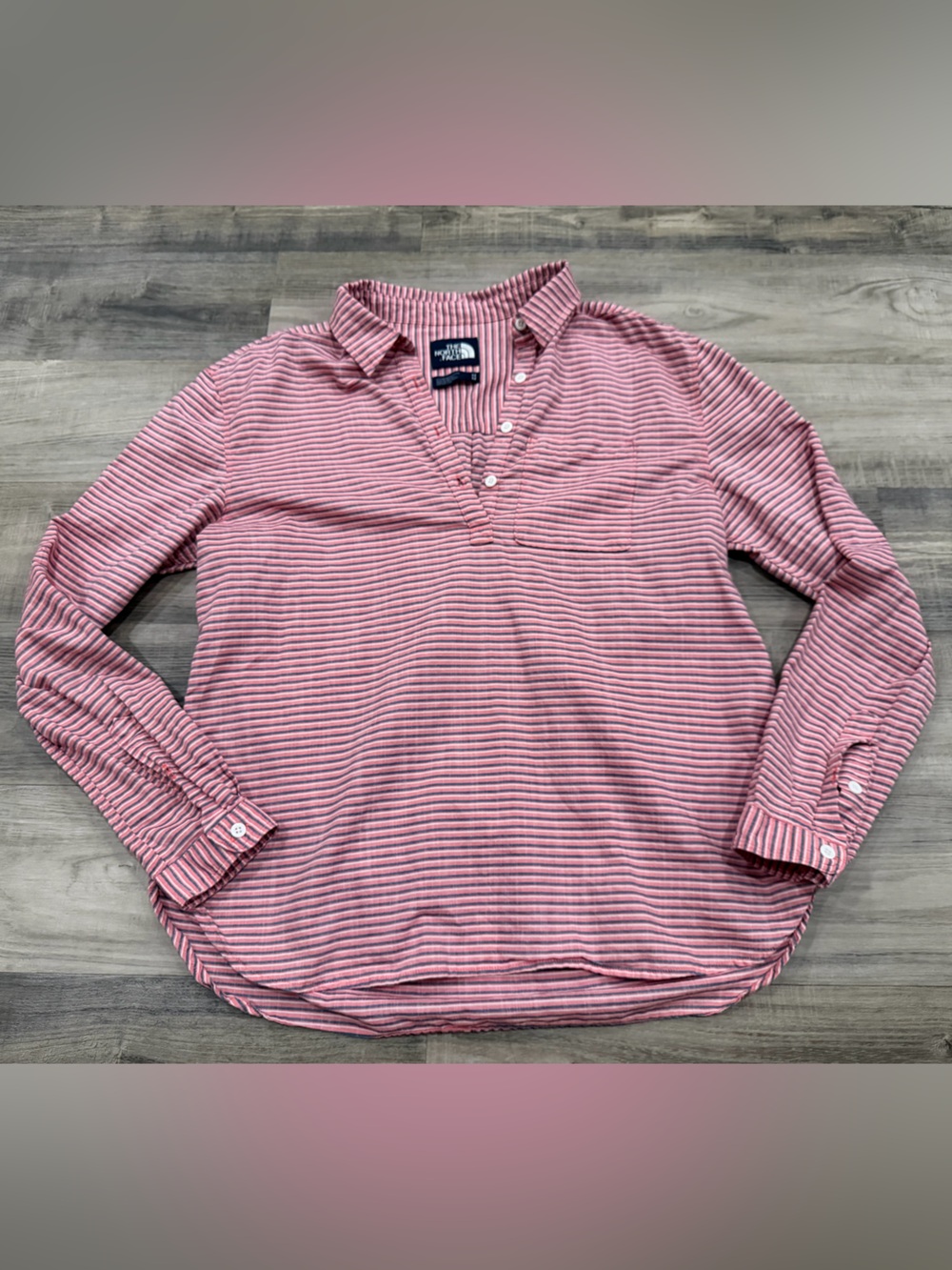 The North Face Womens Red Striped Long Sleeve Roll Up Popover Shirt